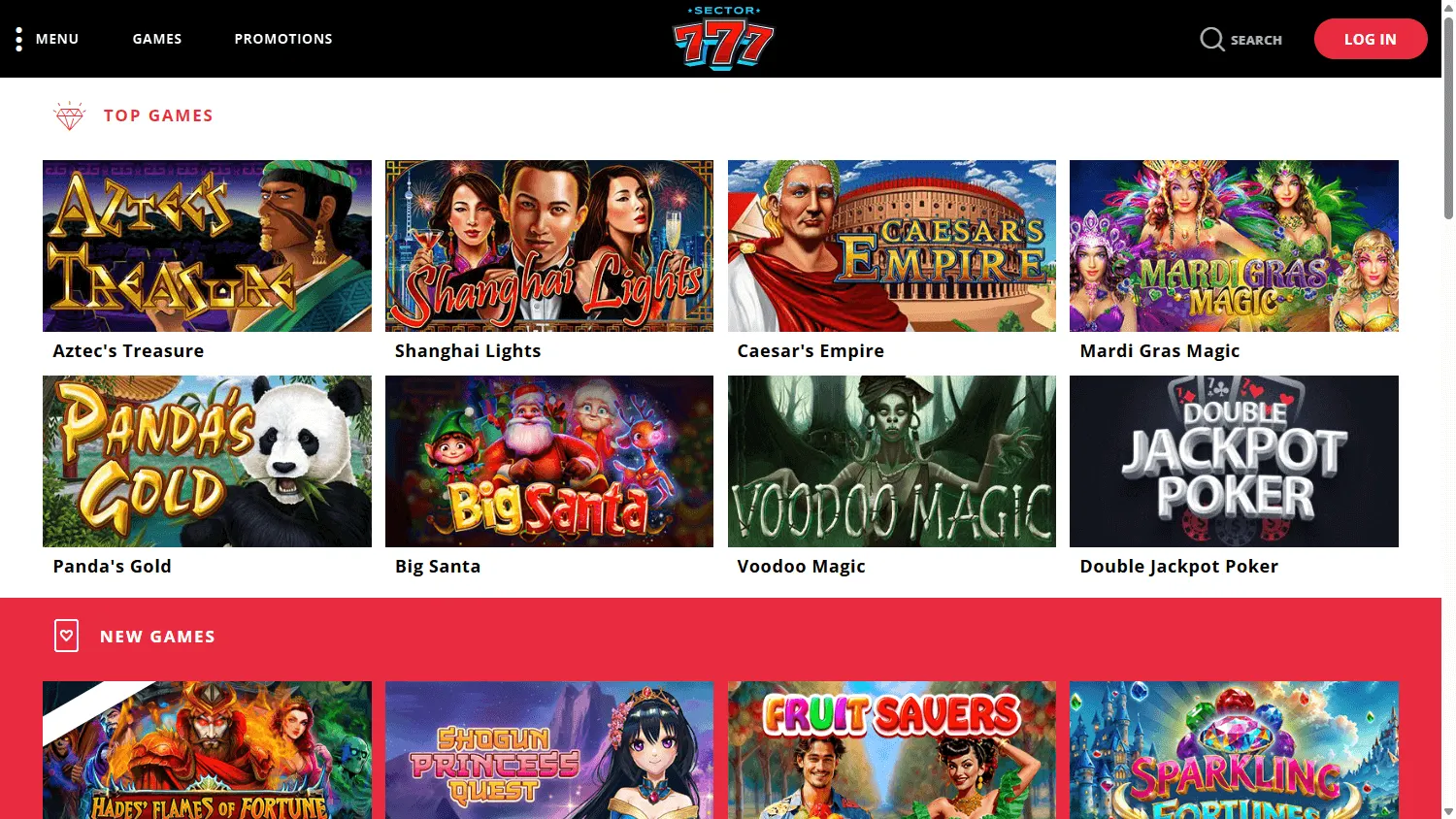 Sector 777 Casino home experience on a desktop computer