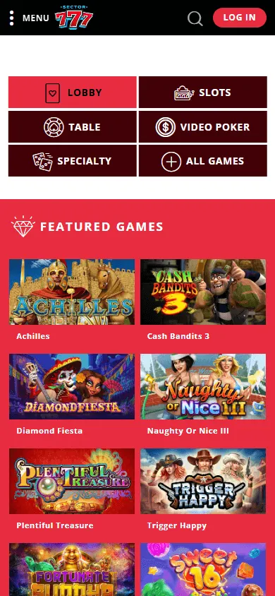 Sector 777 Casino game catalogue on a mobile phone