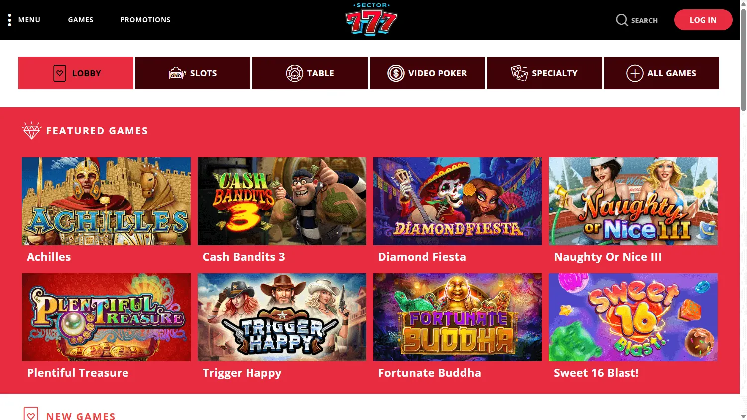 Sector 777 Casino game catalogue on a desktop computer